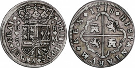 8 Reales. 1718. SEVILLA. M. Anv.: Armas de Borgoña con 3 flores de lis. 22,49 grs. AC-1617. MBC/MBC-.