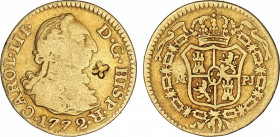 1/2 Escudo. 1772. MADRID. P.J. 1,71 grs. (Descolgada con pequeño resello flor de 4 pétalos en anverso). AC-1256. MBC-.