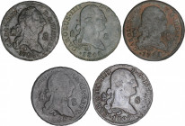 Lote 5 monedas 8 Maravedís. 1788 (2), 1793, 1806, 1808. SEGOVIA. AE. 1788 Escasas. A EXAMINAR. BC+ a MBC-.