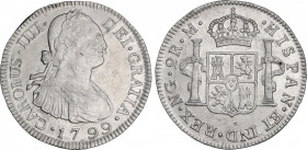 2 Reales. 1799. GUATEMALA. M. 6,46 grs. Restos de brillo original. (Rayitas y golpecitos). AC-557. (EBC-).