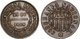 25 Milésimas de Escudo. 1868. SEGOVIA. SOBERANÍA NACIONAL. ESCASA. AE. (Leves golpecitos). AC-10. MBC+.