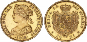 10 Escudos. 1868 (*18-73). MADRID. 8,44 grs. Acuñada durante el período de la I República con busto de Isabel II. (Leves golpecitos). AC-41. EBC.
