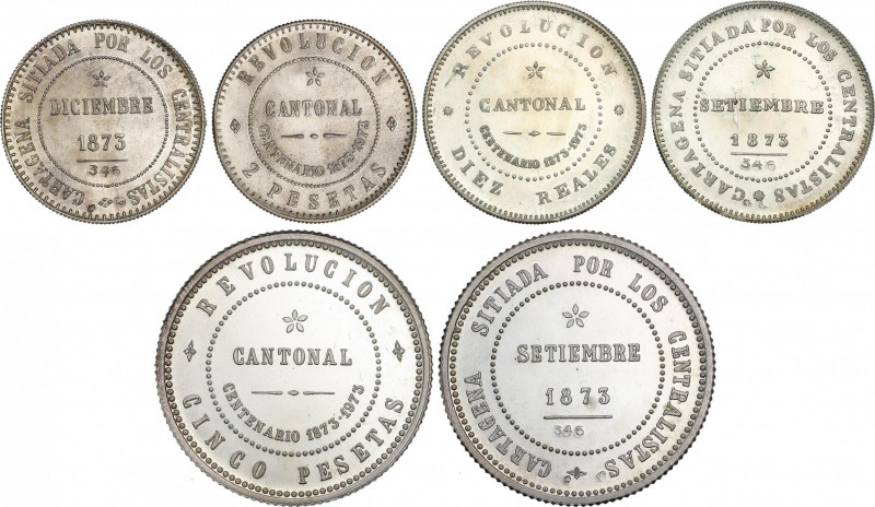 Lote 3 medallas Reproducción Centenario 2, 5 Pesetas y 10 Reales. 1873-1973. AR....