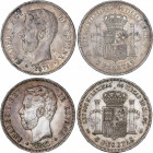 Lote 2 monedas 5 Pesetas. 1871 (*18-71) S.D.-M. y (*18-74) D.E.-M. (Golpecitos y leves manchitas). Pátina. EBC-.