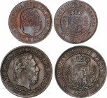 Lote 2 monedas 5 y 10 Céntimos. 1875. BRUSELAS. Anverso y reverso coincidentes. Tipo medalla. La de 5 Céntimos reverso girado 15º. Pátina oscura. AC-3...