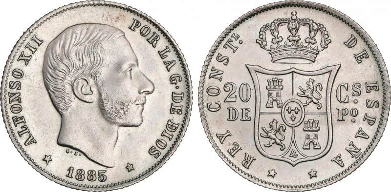 20 Centavos de Peso. 1885. MANILA. Brillo original. SC.