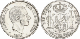 50 Centavos de Peso. 1884. MANILA. ESCASA. (Leves rayitas anverso). EBC-.