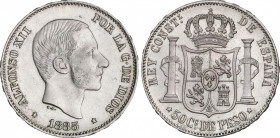 50 Centavos de Peso. 1885/3. MANILA. Rectificación de fecha visible en la parte izquierda inferior del 5. Restos de brillo original. VS-80.1. SC-.