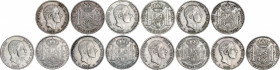Lote 7 monedas 50 Centavos de Peso. 1881 (2), 1882, 1883 (2), 1885 (2). MANILA. A EXAMINAR. BC a MBC.