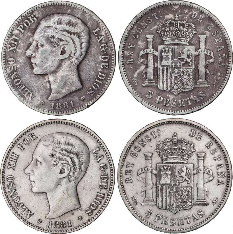 Lote 2 monedas 5 pesetas. 1881 (*18-81). M.S.-M. ESCASAS. Cifras de las estrella...