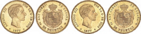 Lote 2 monedas 25 Pesetas. 1877 (*18-77). D.E.-M. Restos de brillo original. EBC- y EBC.