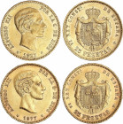 Lote 2 monedas 25 Pesetas. 1877 (*18-77). D.E.-M. Cifras de las estrellas algo flojas. (Rayitas, limpiadas). A EXAMINAR. MBC+.