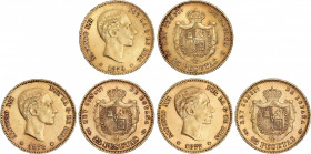 Lote 3 monedas 25 Pesetas. 1877, 1878 y 1879. Algunas cifras de las estrellas algo flojas pero visibles. A EXAMINAR. MBC+ a EBC-.