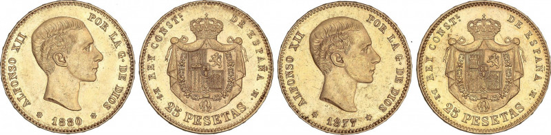 Lote 2 monedas 25 Pesetas. 1877 (*18-77) D.E.-M y 1880 (*18-80) M.S.-M. Restos d...
