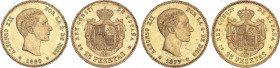 Lote 2 monedas 25 Pesetas. 1877 (*18-77) D.E.-M y 1880 (*18-80) M.S.-M. Restos de brillo original. EBC.