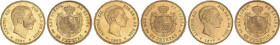 Lote 3 monedas 25 Pesetas. 1877 (*18-77) D.E.-M, 1880 (*18-80) M.S.-M y 1881 (*18-81) M.S.-M. Restos de brillo original. EBC.