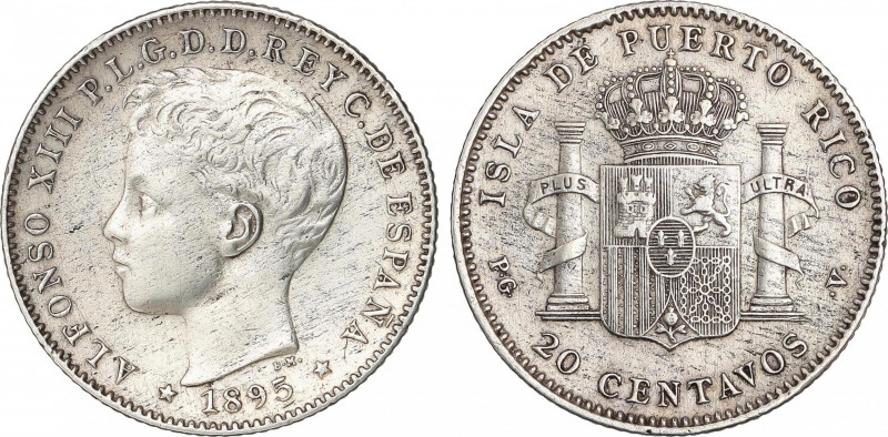 20 Centavos de Peso. 1895. PUERTO RICO. P.G.-V. (Limpiada). EBC-.