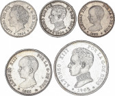 Lote 5 monedas 50 Céntimos (3), 1 y 2 Pesetas. 1889 a 1905. 50 Céntimos: 1892 (*9-2) P.G.-M. 1894 (*9-4). P.G.-V. 1904 (*0-4) S.M.-V. 1 Peseta: 1891 (...