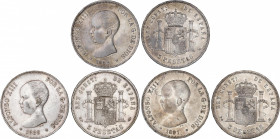 Lote 3 monedas 5 Pesetas. 1888, 1889 y 1891 (*18-88) M.P.-M., (*18-89) M.P.-M. y (*18-91) P.G.-M. Restos de brillo. A EXAMINAR. EBC-.
