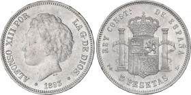 5 Pesetas. 1893 (*18-93). P.G.-L. (Leves rayitas y golpecitos en gráfila). EBC-/EBC.