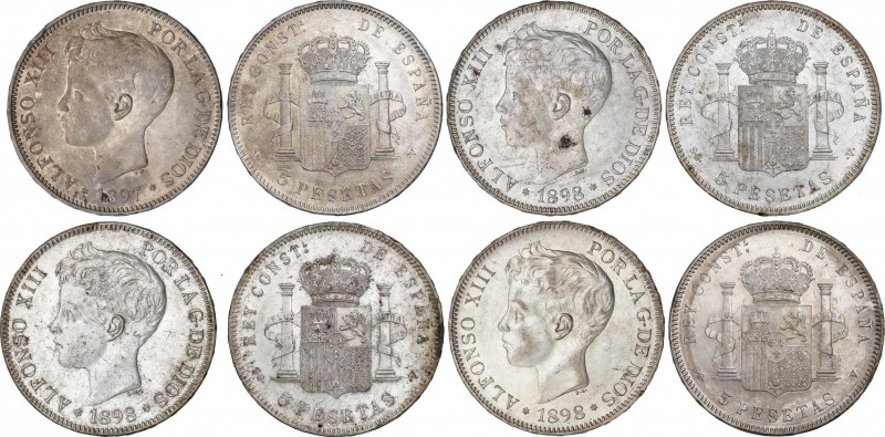 Lote 4 monedas 5 Pesetas. 1897 y 1898 (*18-97) y 3x (*18-98). S.G.-V. Varias bri...
