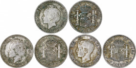 Lote 3 monedas 5 Pesetas. 1893, 1894 y 1897. AR. 1893 (*18-81) P.G.-M. No coincidente, 1894 (*18-94) M.S.-M. No coincidente con rotura de cuño en 2a e...