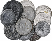 Lote 19 monedas diversos valores. ISABEL II a ESTADO ESPAÑOL. AE, calamina, latón. Incluye varias 5 Pesetas de Alfonso XII y XIII, varias 50 Pesetas d...
