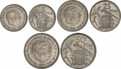 Serie 3 monedas 5, 25 y 50 Pesetas. 1957 (*BA). I Exposición Iberoamericana de Numismática y Medallística. Con entrada y sobre de celofán original. HG...