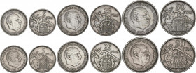 Lote 2 Series 3 monedas 5, 25 y 50 Pesetas. (*BA). I Exposición Iberoamericana de Numismática y Medallística. (Pequeños golpecitos). MBC a MBC+.