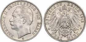 3 Marcos. 1912-G. FEDERICO II. BADEN. 16,66 grs. AR. KM-280. EBC.