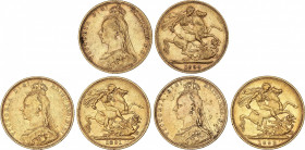Lote 3 monedas Soberano. 1890-M, 1891-M y 1893-M. VICTORIA. MELBOURNE. AU. Fr-20; KM-10. MBC a MBC+.