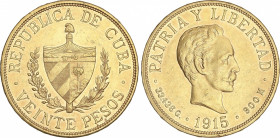 20 Pesos. 1915. 33,43 grs. AU. José Martí. (Pequeños golpecitos). Restos de brillo original. Fr-1; KM-21. EBC-.