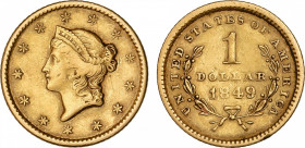 1 Dólar. 1849. FILADELFIA. 1,65 grs. AU. Liberty Head. Corona abierta. Fr-84; KM-73. MBC.