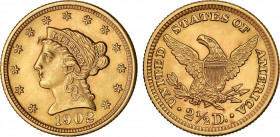2-1/2 Dólares. 1902. FILADELFIA. 4,17 grs. AU. Coronet Head. Restos de brillo original. (Rayitas en anverso). Fr-114; KM-72. EBC.