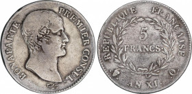 5 Francos. AN XI (1802-03). BONAPARTE PRIMER CÓNSUL. PERPIGNAN. 24,53 grs. AR. KM-650.6. MBC-.