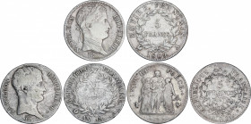 Lote 3 monedas 5 Francos. An 7-A (1799), An 13-A (1805) y 1809-A. CONSULADO y NAPOLEÓN EMPERADOR (2). AR. A EXAMINAR. KM-639.1, 662.1, 694.1. BC+ a MB...