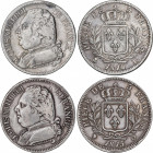 Lote 2 monedas 5 Francos. 1814-L y 1815-Q. LUÍS XVIII. 1ª Restauración. BAYONA y PERPIGNAN. AR. (Uno rayitas). KM-702.8, 702.11. MBC-.