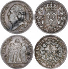 Lote 2 monedas 5 Francos. Año 7 -L y 1821-A. I REPÚBLICA DIRECTORIO, LUIS XVIII. BAYONA, PARÍS. AR. A EXAMINAR. KM-639.6, 711.1. MBC-.