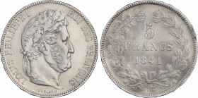 5 Francos. 1841-BB. LUIS FELIPE I. ESTRASBURGO. 24,97 grs. AR. (Algo limpiada y leves golpecitos). KM-749.3. EBC-/EBC.