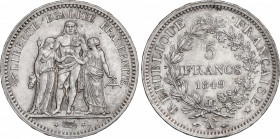5 Francos. 1849-A. II REPÚBLICA. PARIS. AR. Ø 24, 97 mm. (Leves golpecitos en canto). Pátina. KM-756.1. EBC.