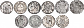 Lote 5 monedas Ecu y 5 Francos (4). 1770 a 1876. Luis XV a III REPÚBLICA. AR. Incluye Ecu 1770-I Luis XV, 5 Fr. 1828-A Carlos X, 5 Fr. 1833-W Luis Fel...