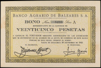 Bono 25 Pesetas. 24 Noviembre 1943. BANCO AGRARIO DE BALEARES S.A. (Leves manchas del tiempo). Cobo no menciona esta emisión (pag. 69-70). SC.