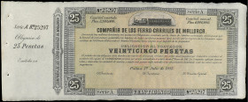 Obligación 25 Pesetas. 1 Julio 1885. COMPAÑÍA DE FERRO-CARRILES DE MALLORCA. PALMA DE MALLORCA. Con matriz izquierda. (Tres perforaciones de archivo e...