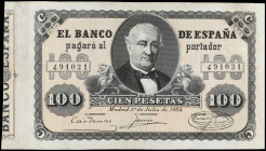 100 Pesetas. 1 Julio 1884. MUY RARO. Alejandro Mon. (Reparaciones). Ed-289. (MBC).