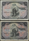 Lote 2 billetes 50 Pesetas. 24 Septiembre 1906. Serie A y B. Los dos sello en seco GOBIERNO PROVISIONAL. Ed-337. MBC y MBC+.