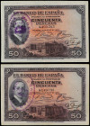 Lote 2 billetes 50 Pesetas. 17 Mayo 1927. Alfonso XIII. Los dos con tampón ´ REPUBLICA ESPAÑOLA´. Ed-332. MBC+.