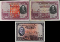 Lote 3 billetes 50 Pesetas. 1927 y 1928. Incluye 50 Pesetas 1927 Alfonso XIII sello-tampón ´ REPUBLICA ESPAÑOLA´, 50 Pesetas 1928 Velazquez Sin Serie ...