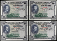 Lote 4 billetes 100 Pesetas. 1 Julio 1925. Felipe II. Serie F. Todos correlativos. Ed-350. SC.