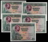 Lote 5 billetes 500 Pesetas. 15 Agosto 1928. Cardenal Cisneros. Numeraciones no correlativas. (Leves ondulaciones). Ed-356. SC.