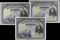 Lote 3 billetes 1.000 Pesetas. 15 Agosto 1928. San Fernando. Trío correlativo. (Leves manchitas en margenes). Ed-357. EBC.